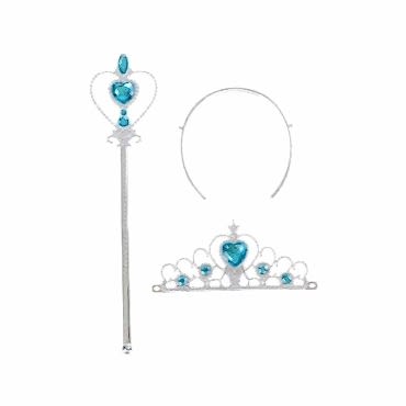 Karlar Ülkesi Elsa Mavi Kalpli Taç ve Mavi Asa Seti Çocuk Boy