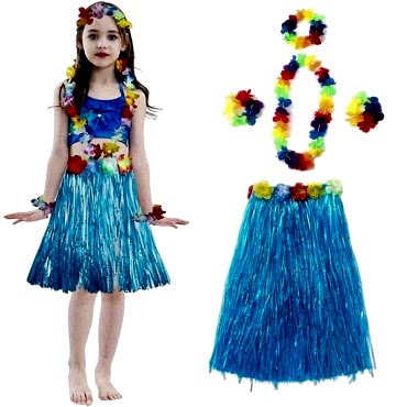 Yetişkin ve Çocuk Uyumlu Hawaii Luau Aloha Mavi Püsküllü Etek Kolye Taç ve 2 Adet Bileklik Seti 