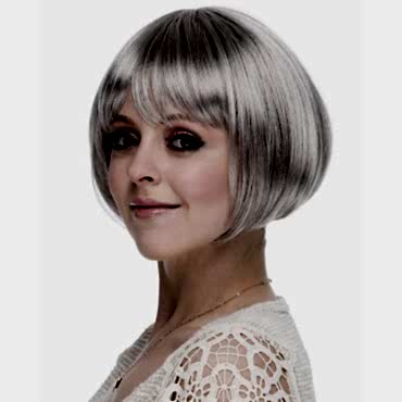 Gri Gümüş Renk Düz Kesim Astarlı Küt Parti Peruğu 