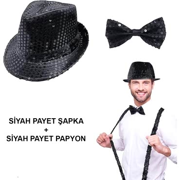 Siyah Payetli Şapka ve Papyon Seti – Parıltılı Yetişkin Kostüm Seti