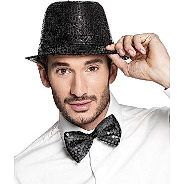Siyah Payetli Şapka ve Papyon Seti – Parıltılı Yetişkin Kostüm Seti