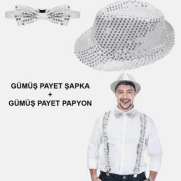 Gümüş Payetli Şapka ve Papyon Seti – Parıltılı Yetişkin Kostüm Seti