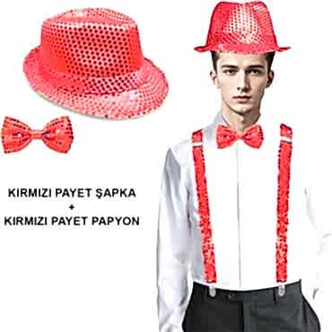 Kırmızı Payetli Şapka ve Papyon Seti – Parıltılı Yetişkin Kostüm Seti