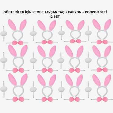 Pembe Tavşan Kostüm Seti – Taç, Papyon, Ponpon (12’li Paket)