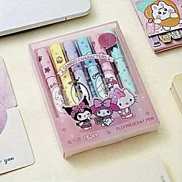 6'lı Fosforlu Kalem Seti - Sanrio Karakterleri, Kuromi, Hello Kitty 