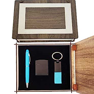 Özel Ahşap Kutulu Mavi Kalem Anahtarlık ve Çakmak Set