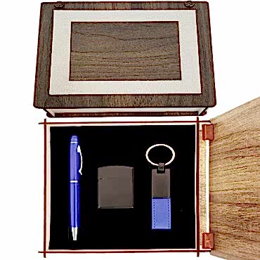 Özel Ahşap Kutulu Lacivert Kalem Anahtarlık ve Çakmak Set