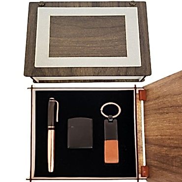 Özel Ahşap Kutulu Bakır Roller Kalem, Anahtarlık ve Çakmak Set