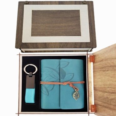 Özel Ahşap Kutulu Mavi Deri Defter ve Anahtarlık Seti 
