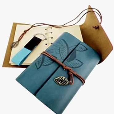 Özel Ahşap Kutulu Mavi Deri Defter ve Anahtarlık Seti 