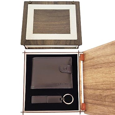 Ahşap Kutulu Deri Cüzdan Ve Anahtarlık Seti