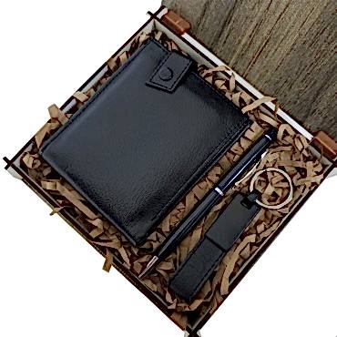 Ahşap Deri Kutulu Siyah Renk 3'lü Hediye Seti - Kalem, Cüzdan, Anahtar