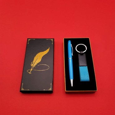 Mavi Metal Deri Anahtarlık ve Kalem Seti