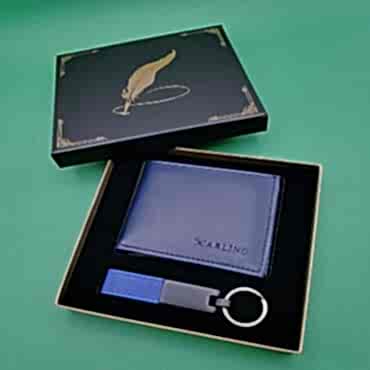 Kutulu Mavi Deri Cüzdan Ve Anahtarlık Seti