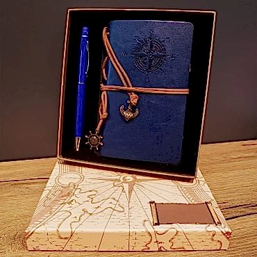 Lacivert Pusula Tasarım Deri Defter Ve Tükenmez Kalem Seti