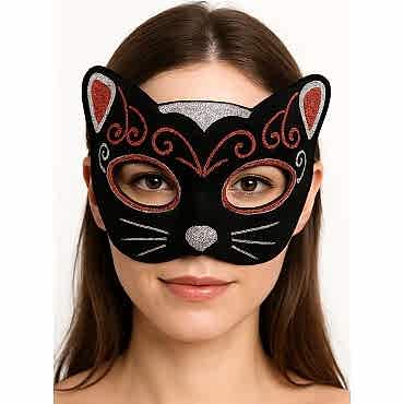 Kadife Dokulu Simli Kedi Maskesi Kırmızı Gümüş Detaylı 
