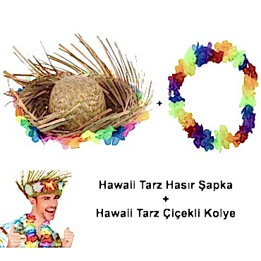 Hawaii Tarzı Set - Tropikal Çiçekli Hasır Şapka ve Çiçekli Hawaii Kolye