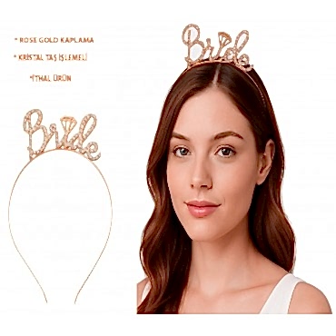 Rose Gold Renkli Taşlı “Bride” Gelin Tacı 