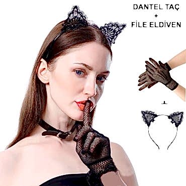 Siyah Kedi Dantel Taç + Eldiven Seti – Parti, Dans ve Kostüm Kombini