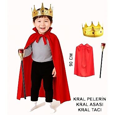 Çocuk Kral Kostüm Seti – Kırmızı Pelerin, Taç ve Asa (90 cm)