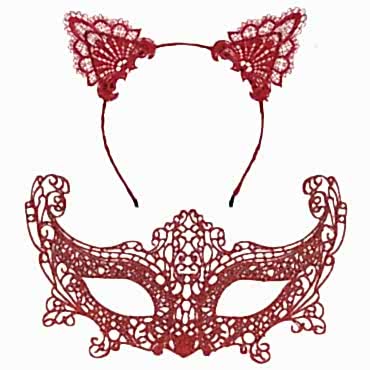 Romantik Kırmızı Dantel Maske Seti – Kedi Kulaklı Taç ve Maske No 3 
