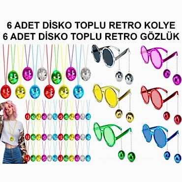 12 Parça Renkli Disko Toplu Retro Parti Seti – 6 Kolye + 6 Gözlük