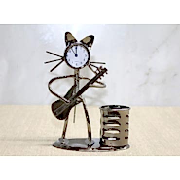 Metal Gitar Çalan Müzisyen Kedi Saat Ve Kalemlik 