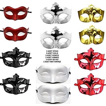 12’li Renkli Parti Maskesi Seti – Siyah, Gold, Gümüş, Kırmızı, Beyaz, Mat Kırmızı