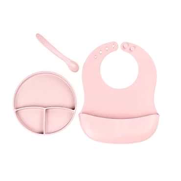 Pembe 3’lü Silikon Yemek Seti – Önlük + Diş Kaşıyıcılı Kaşık + Vakumlu Tabak 