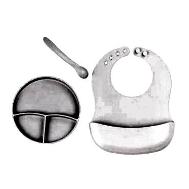 Gri 3’lü Silikon Yemek Seti – Önlük + Diş Kaşıyıcılı Kaşık + Vakumlu Tabak    