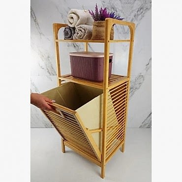 2 Organizer Raflı Ahşap Bambu Çek-Aç Kirli Sepeti