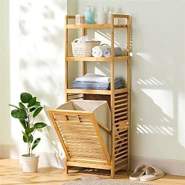 3 Organizer Raflı Ahşap Bambu Çek-Aç Kirli Sepeti 