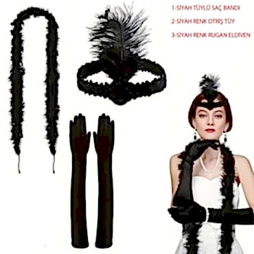 1920’ler Tarzı Siyah Tüylü Saç Bandı, Rugan Siyah Eldiven ve Siyah Otri̇ş Seti