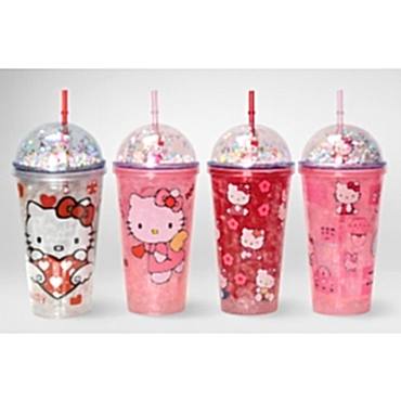 Sevimli Hello Kitty Pipetli Işıklı Boncuklu Suluk Bardak 400 ml