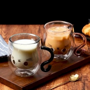 Kedi Figürlü Çift Cidarlı Cam Bardak 